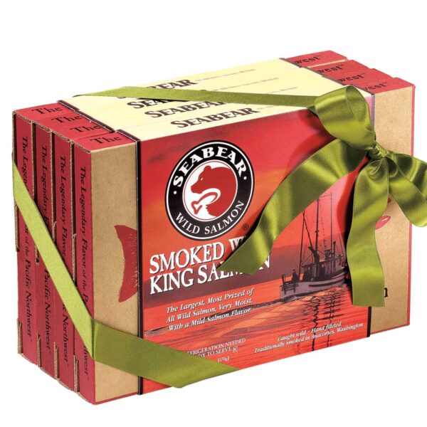 A box of smoked king salmon with green ribbon.