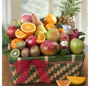 A basket of fruit with an apple, pineapple and orange.