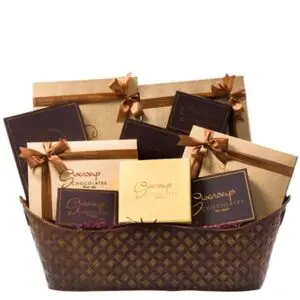 A basket of chocolate and other gifts.