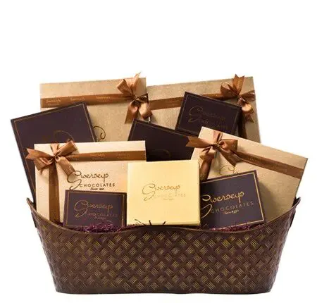 A basket of chocolate and other gifts.