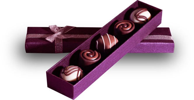 A purple box with five chocolates in it.