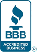 A blue bbb accredited logo on top of a building.